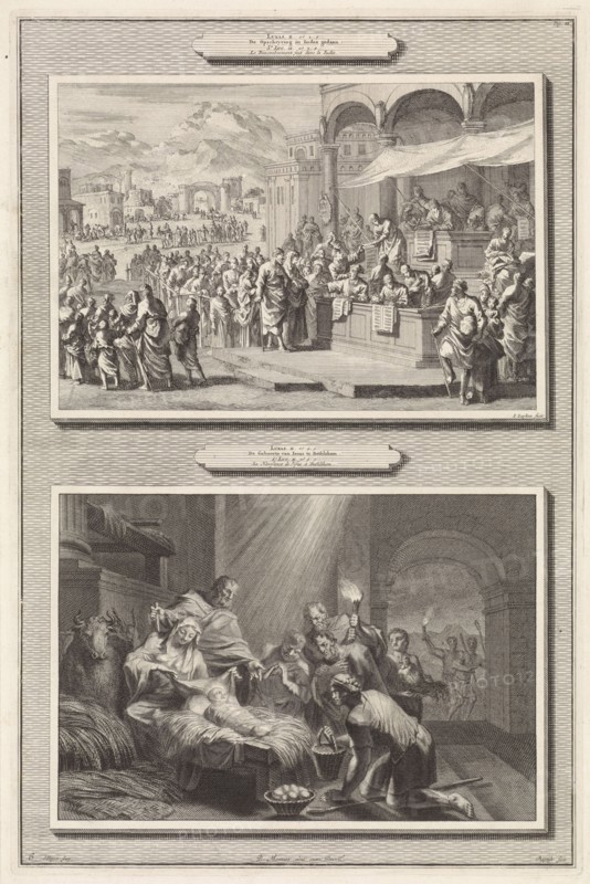 Census at Bethlehem and the adoration of the shepherds, Jan Luyken, Jacobus Baptist, Pieter Mortier, 1700