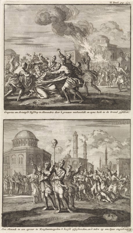 Gregory, a bishop, being ill-treated by opponents and the beheading of a monk in Constantinople, Jan Luyken, Jacobus van Hardenberg, Barent Visscher, 1701