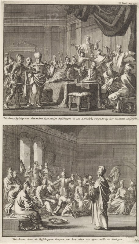 Arrest of some bishops at the order of Bishop Dioscorus of Alexandria and their imprisonment, Jan Luyken, Jacobus van Hardenberg, Barent Visscher, 1701