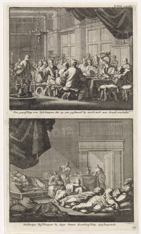 Bishops at a table and drunken bishops asleep in a room, Jan Luyken, Jacobus van Hardenberg, Barent Visscher, 1701