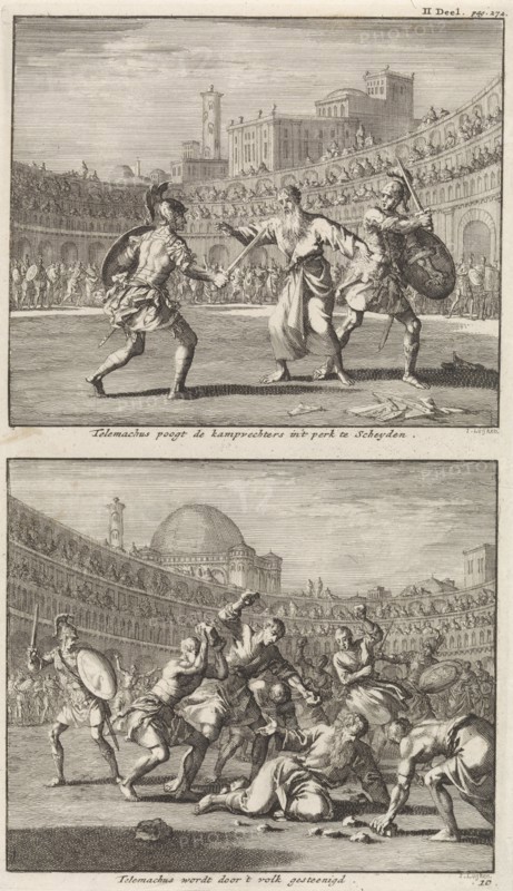 Holy Telemachus of Rome interrupts a gladiatorial combat, and the stoning of Saint Telemachus, Jan Luyken, Jacobus van Hardenberg, Barent Visscher, 1701