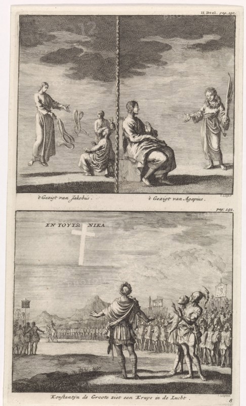 Visions of St. Jacob and St. Agapitus and the vision of Emperor Constantine the Great on the battlefield, Jan Luyken, Jacobus van Hardenberg, Barent Visscher, 1701