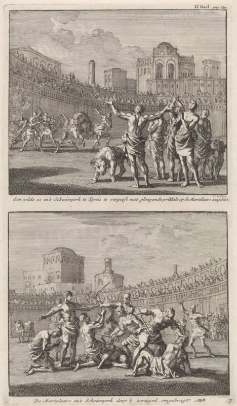 Early Christian martyrs in a Roman arena and Early Christian martyrs who are being slaughtered in an arena, Jan Luyken, Jacobus van Hardenberg, Barent Visscher, 1701