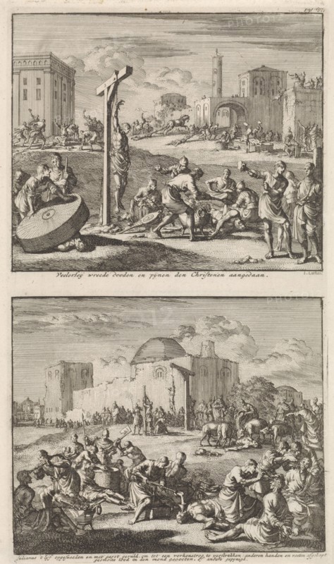 Martyrdom of the early Christians and the martyrdom of Saint Julian, Jan Luyken, Jacobus van Hardenberg, Barent Visscher, 1700