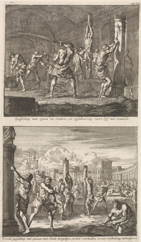 Christians are flogged in a cell and Christians are flogged in public, Jan Luyken, Jacobus van Hardenberg, Barent Visscher, 1700