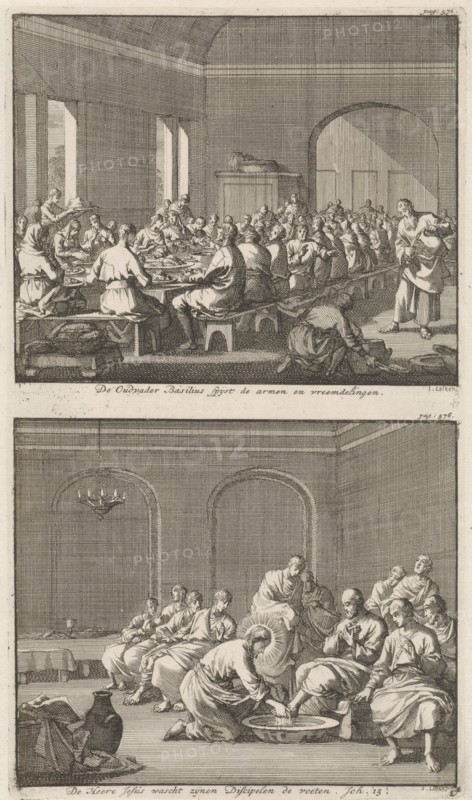 Saint Basil serves a meal to the poor and Christ washing the feet of Peter, Jan Luyken, Jacobus van Hardenberg, Barent Visscher, 1700