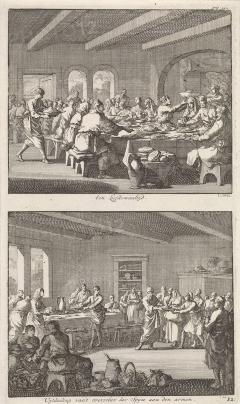 Shared meal among Christians and distributing food to the poor, Jan Luyken, Jacobus van Hardenberg, Jacobus van Nieuweveen, 1700