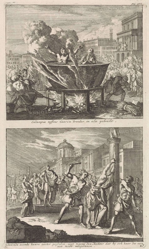 Holy Eulampia and her brother are boiled alive in oil and the Martyrdom of Saint Rufina Rome, Jan Luyken, Barent Visscher, Jacobus van Hardenberg, 1700