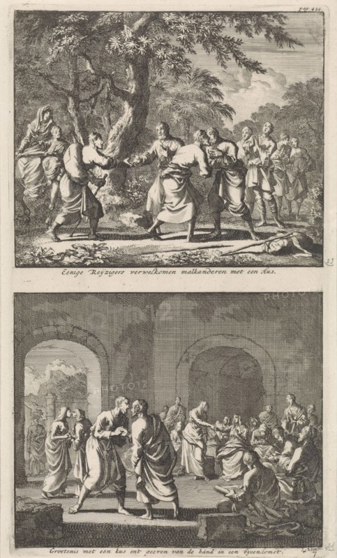 Greeting Christian travelers, and Christians are welcomed at the start of a meeting, Jan Luyken, Barent Visscher, Jacobus van Hardenberg, 1700