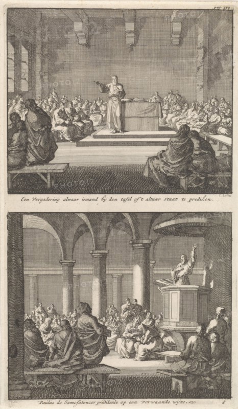 Sermon by a priest at an altar and Paul of Samosata preaching to the early Christian community, Jan Luyken, Barent Visscher, Jacobus van Hardenberg, 1700