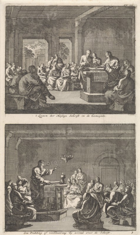 Early Christian community listening to a reading from the Bible and Early Christian community listens to a sermon, Jan Luyken, Barent Visscher, Jacobus van Hardenberg, 1700