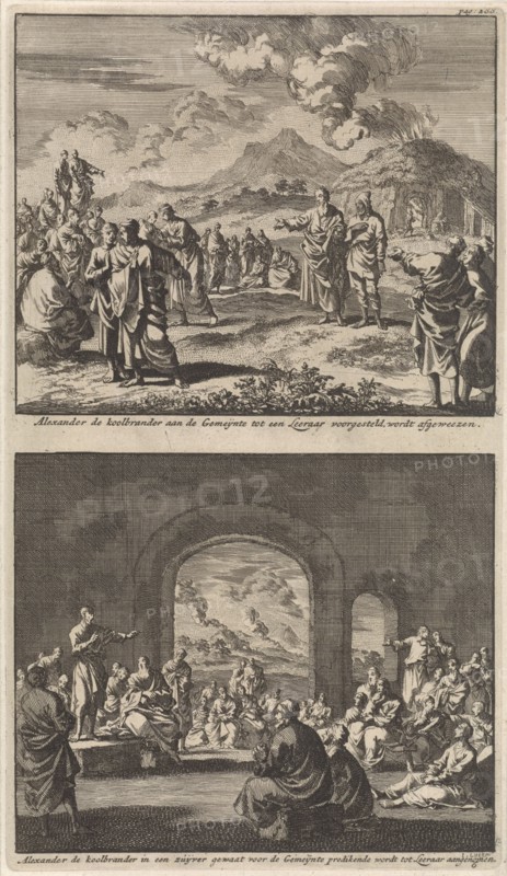 Holy Alexander carbonarius is rejected by the early Christian church and holy Alexander carbonarius preaches to the early Christian church, Jan Luyken, Barent Visscher, Jacobus van Hardenberg, 1700