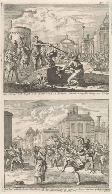 Beheading of a Christian in Rome and Saint Agnes who is protected by a bird, Jan Luyken, Barent Visscher, Jacobus van Hardenberg, 1700