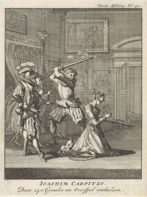 Joachim von Carpzov orders his wife's beheading, 1623, Jan Luyken, 1699