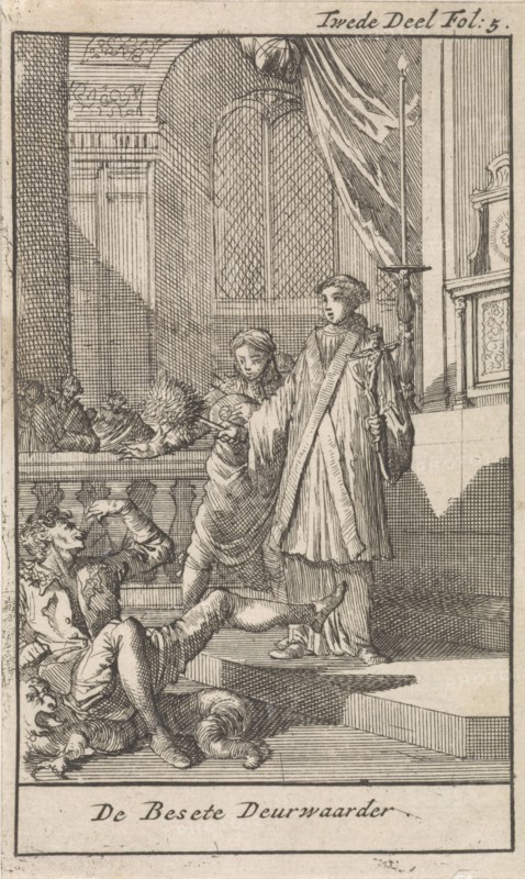 Priest with holy water brush before the possessed bailiff, Caspar Luyken, Jan Claesz ten Hoorn, 1699