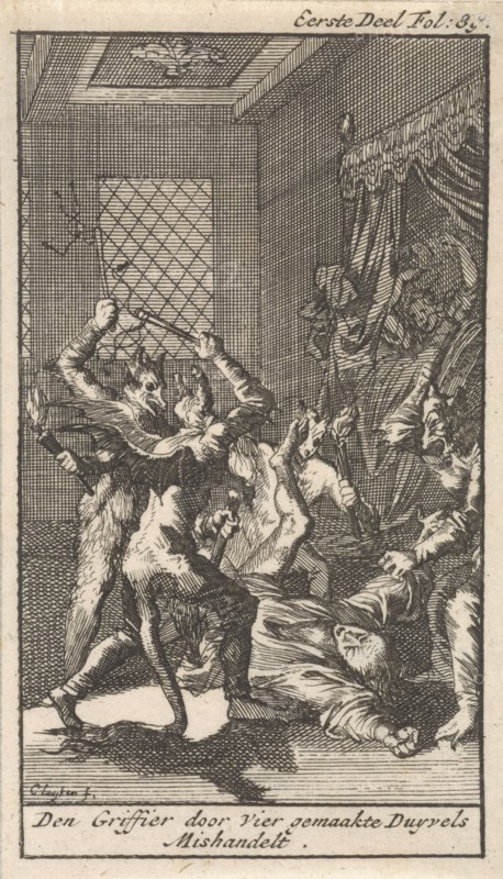 The Registrar is attacked by four men dressed as devils, Caspar Luyken, Jan Claesz ten Hoorn, 1699