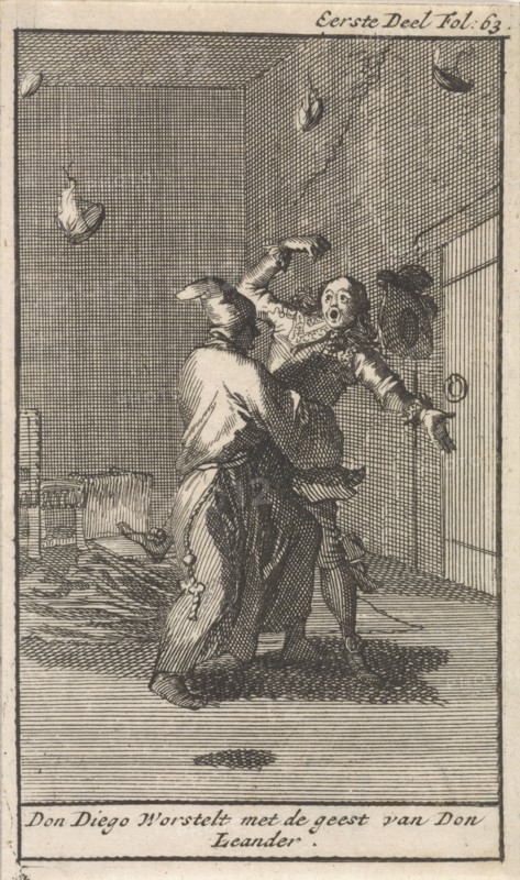 Don Diego struggles with the spirit of Don Leander, Caspar Luyken, Jan Claesz ten Hoorn, 1699
