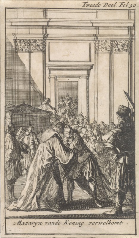 King Louis XIV greet Cardinal Mazarin, Caspar Luyken, Boudewijn van der Aa, 1699