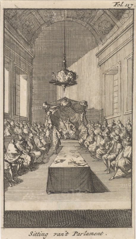 Cardinal Mazarin in a meeting with Louis XIII and his advisers, 1643, Caspar Luyken, Boudewijn van der Aa, 1699