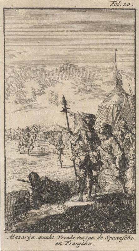 Bishop Mazarin close the peace treaty of Cherasco, 1631, Caspar Luyken, Boudewijn van der Aa, 1699