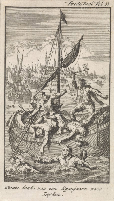 Pietro Ciacconne conquer a boat from Leiden The Netherlands, 1574. Jan Luyken, Engelbrecht Boucquet, 1699