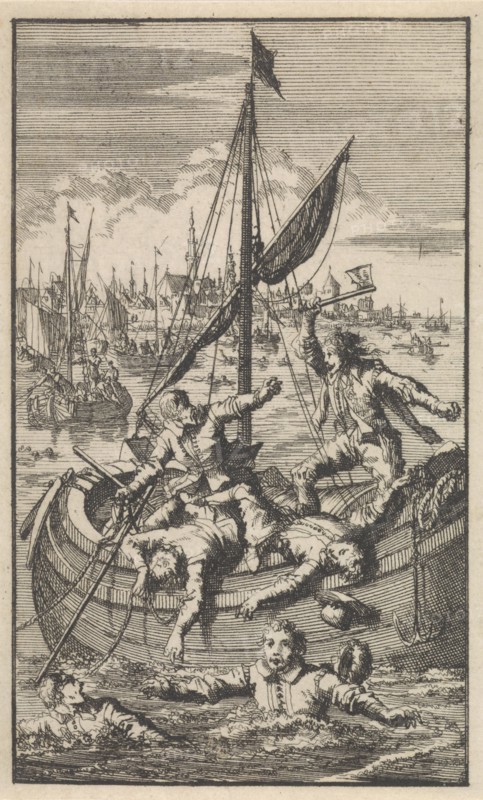 Pietro Ciacconne conquers a boat from Leiden The Netherlands, 1574, Jan Luyken, 1699