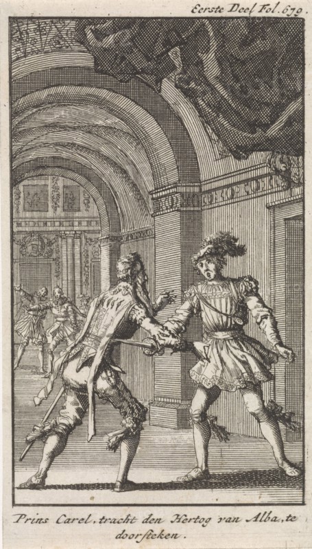 Don Carlos is trying to murder the Duke of Alva, Jan Luyken, Engelbrecht Boucquet, 1699