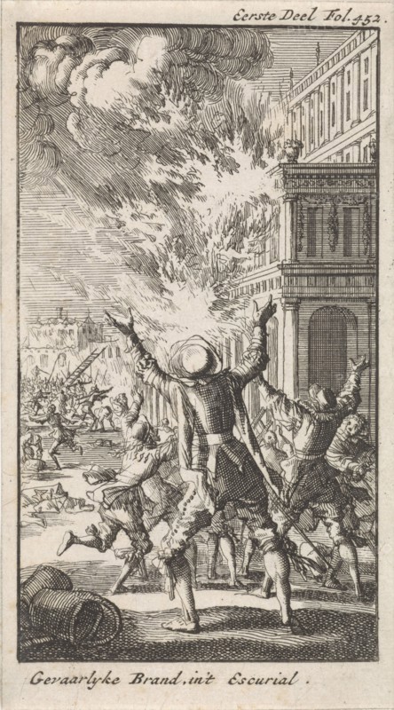 Fire in the Escorial, The Royal Site of San Lorenzo de El Escorial, commonly known as El Escorial, in the town of San Lorenzo de El Escorial Spain