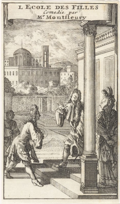 Isabelle is greeted on the sidewalk in front of her house by Don Jouan and Don Carlos, Caspar Luyken, Adriaan Braakman, 1698