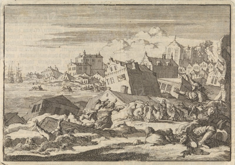 Earthquake in Jamaica where the city Port Royal is destroyed, 1615, Jan Luyken, Pieter van der Aa I, 1698