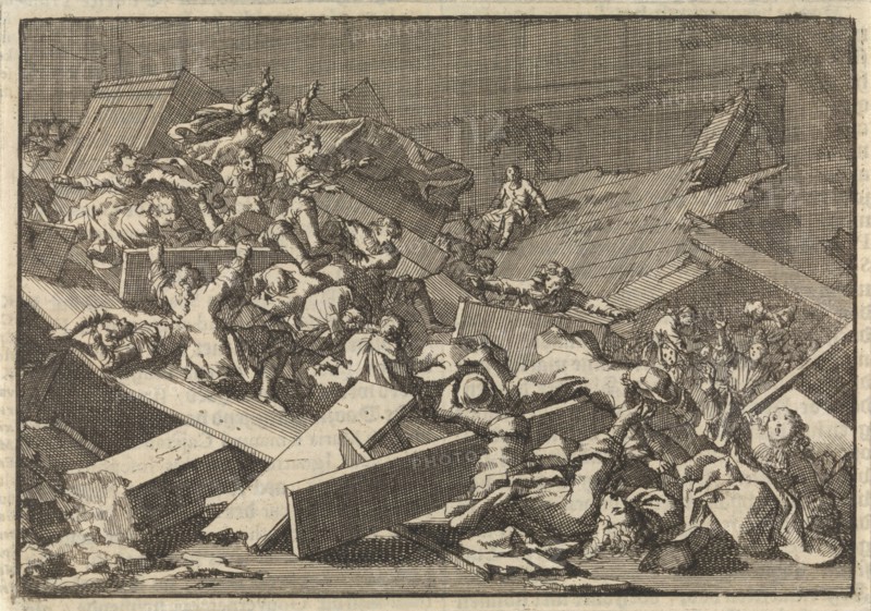 Floor of the home church of the imperial attorney Count von Bercka collapses, 1697, Jan Luyken, Pieter van der Aa I, 1698