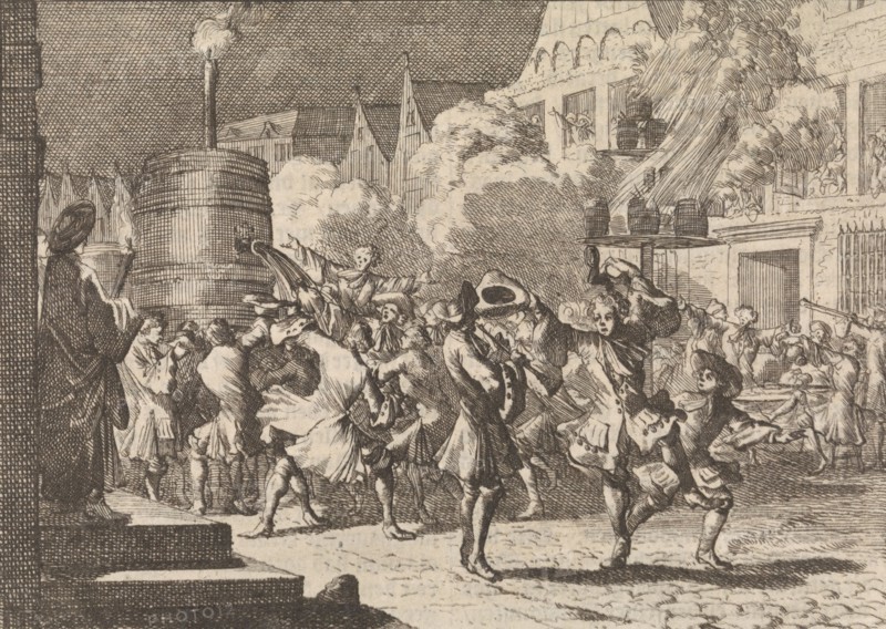 Joy in Paris following the false news of the death of William III at the Battle of the Boyne, 1690, Caspar Luyken, Pieter van der Aa I 1698