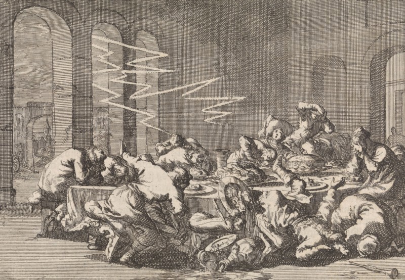In the Polish village Perzyn 23 people are killed by a lightning strike during a christening, 1676, Jan Luyken, Pieter van der Aa (I), 1698