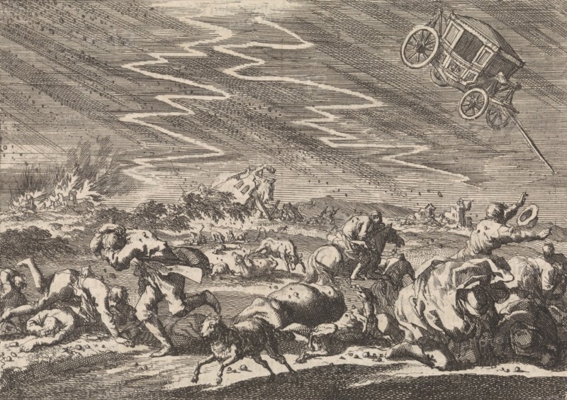 Heavy storm at Donsenhausen in Thuringen, 1674, Germany, Jan Luyken, Pieter van der Aa (I), 1698