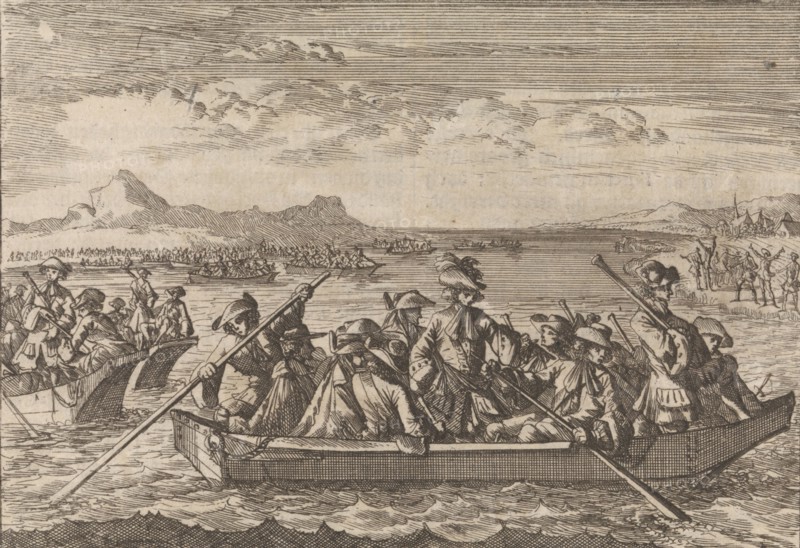 Waldensians chased from Savoy crossing the Lake Geneva in boats back to their country, 1689, Switzerland