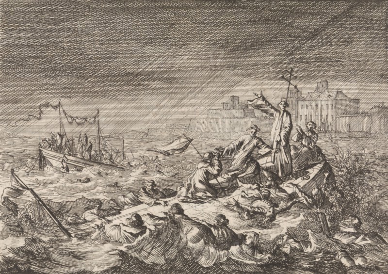 On the Vistula in Warsaw Poland, two ships with clergy and pilgrims become shipwrecked in a whirlwind, 1683, Caspar Luyken, Pieter van der Aa I, 1698