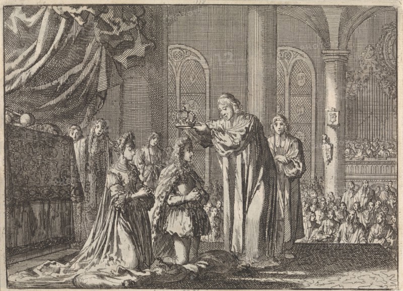 Coronation of William III and Mary II Stuart by the Archbishop of Canterbury, 1689, Jan Luyken, Pieter van der Aa (I), 1698