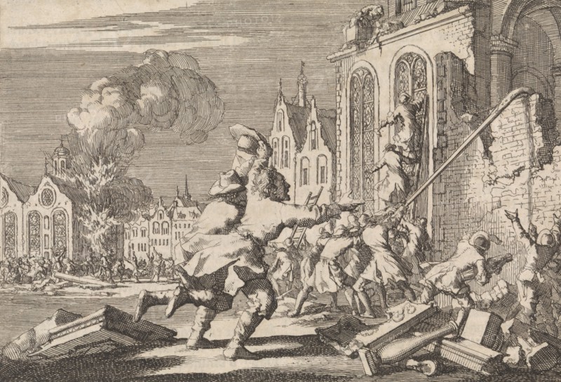 Destroying of Catholic chapels in London, 1688, Jan Luyken, Pieter van der Aa (I), 1698