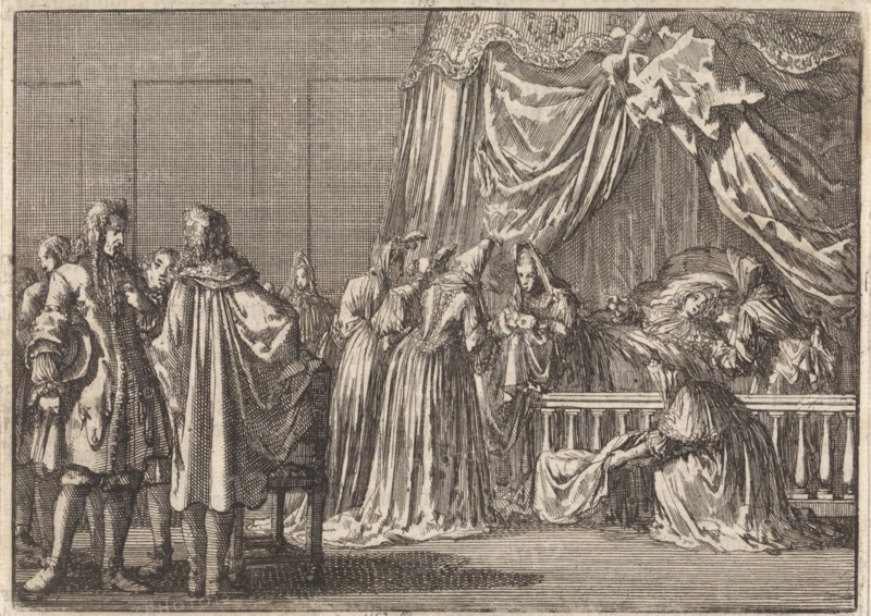 Birth of the son of King James II of England, 1688, Jan Luyken, Pieter van der Aa (I), 1698