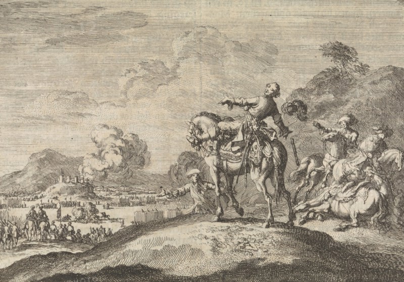 Marshal Turenne falls dead from his horse, 1675, Jan Luyken, Pieter van der Aa (I), 1698