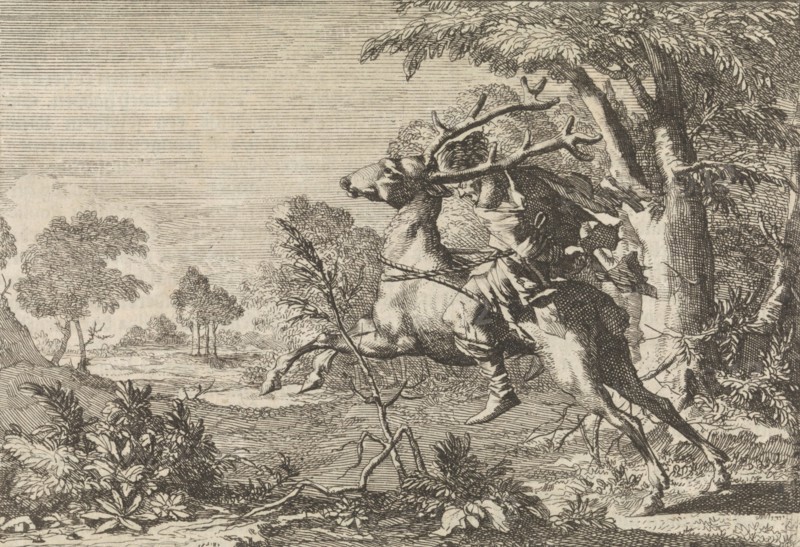 Man strapped on the back of a deer sent into the wilderness, 1666, Caspar Luyken, Pieter van der Aa I, 1698