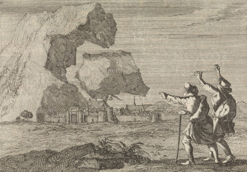 Salzburg, Austria, is destroyed by a crumbling mountain, 1669, print maker: Caspar Luyken, Pieter van der Aa I, 1698