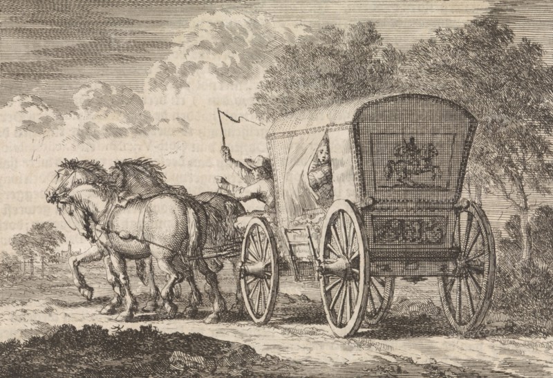 Catherine of Orliens abducted in The Hague by Johan Diederik de Mortaigne and taken by carriage to Kuilenburg (Culemborg), 1664, Jan Luyken, Pieter van der Aa I, 1698
