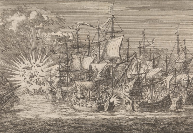 Five Zeeland privateers fight against eight Portuguese warships off the coast of Brazil, in 1657, Jan Luyken, Pieter van der Aa I, 1698
