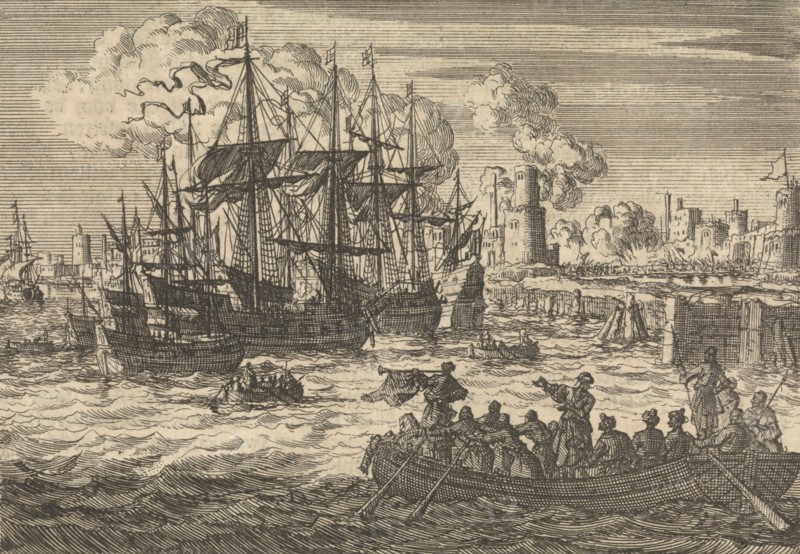 Port of Salé with the English fleet and a sloop of Turks, 1638, Jan Luyken, Pieter van der Aa (I), 1698