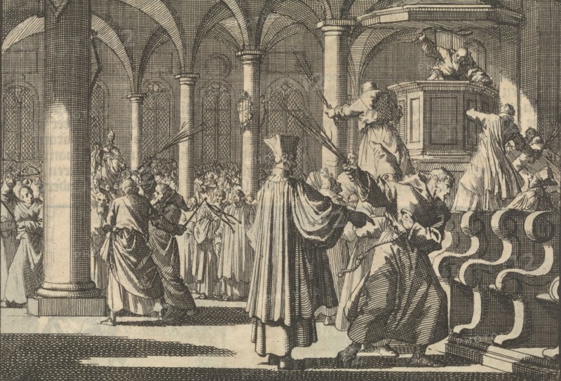 Margaret Church in La Rochelle, France, is Catholically re-consecrated by lashing the pulpit, pillars and benches with rods, 1628, Jan Luyken, Pieter van der Aa I, 1698