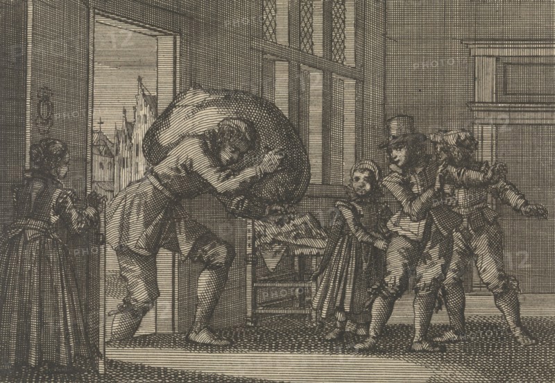During the siege of La Rochelle the widow of Prosui is brought a sack of grain, 1628, Jan Luyken, Pieter van der Aa (I), 1698