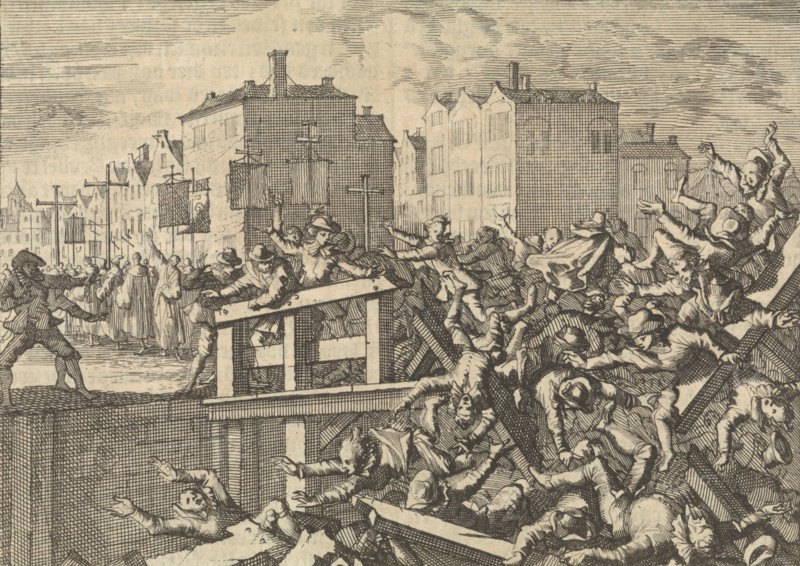Bridge in Paris collapses during a procession, 1633, France, Caspar Luyken, Pieter van der Aa (I), 1698
