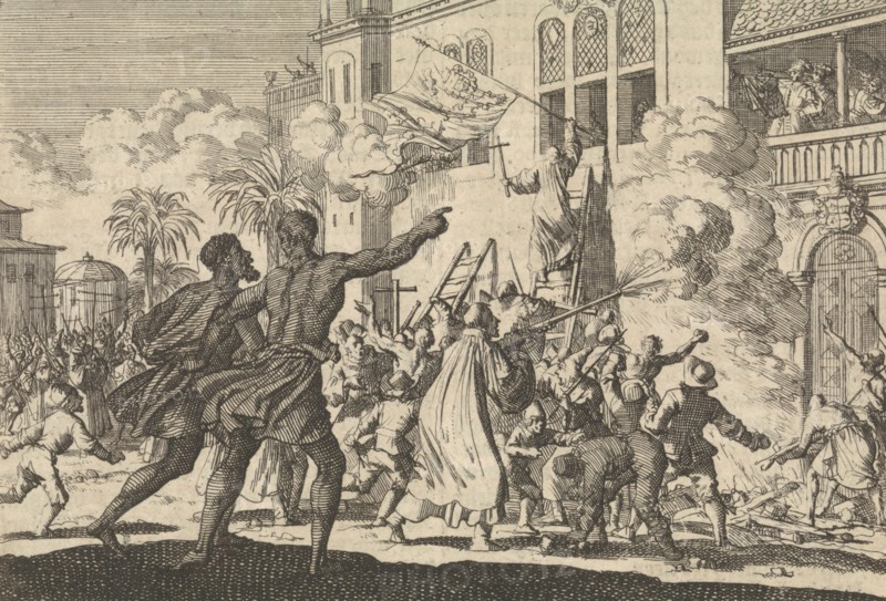 Storming the palace of the viceroy of Mexico, 1623, Jan Luyken, Pieter van der Aa I, 1698