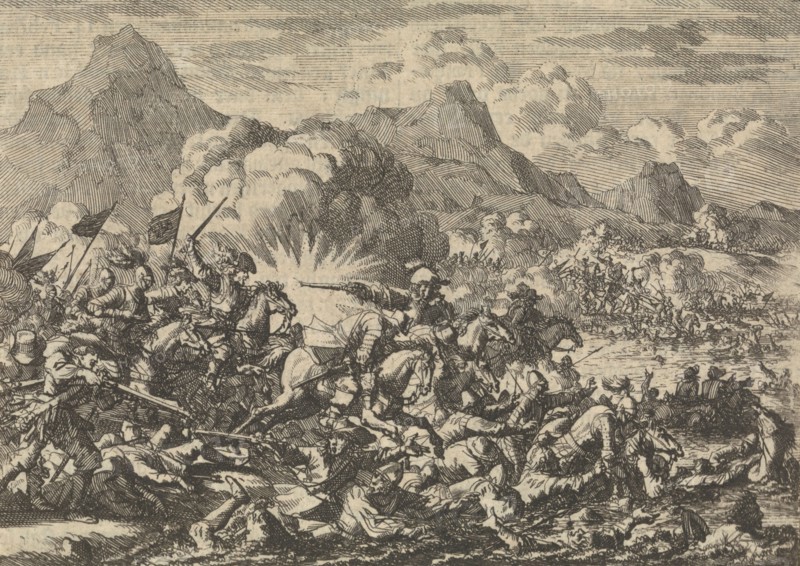 Pappenheim beats the resurrected farmers in Austria near Linz on the Danube, 1626, Jan Luyken, Pieter van der Aa (I), 1698